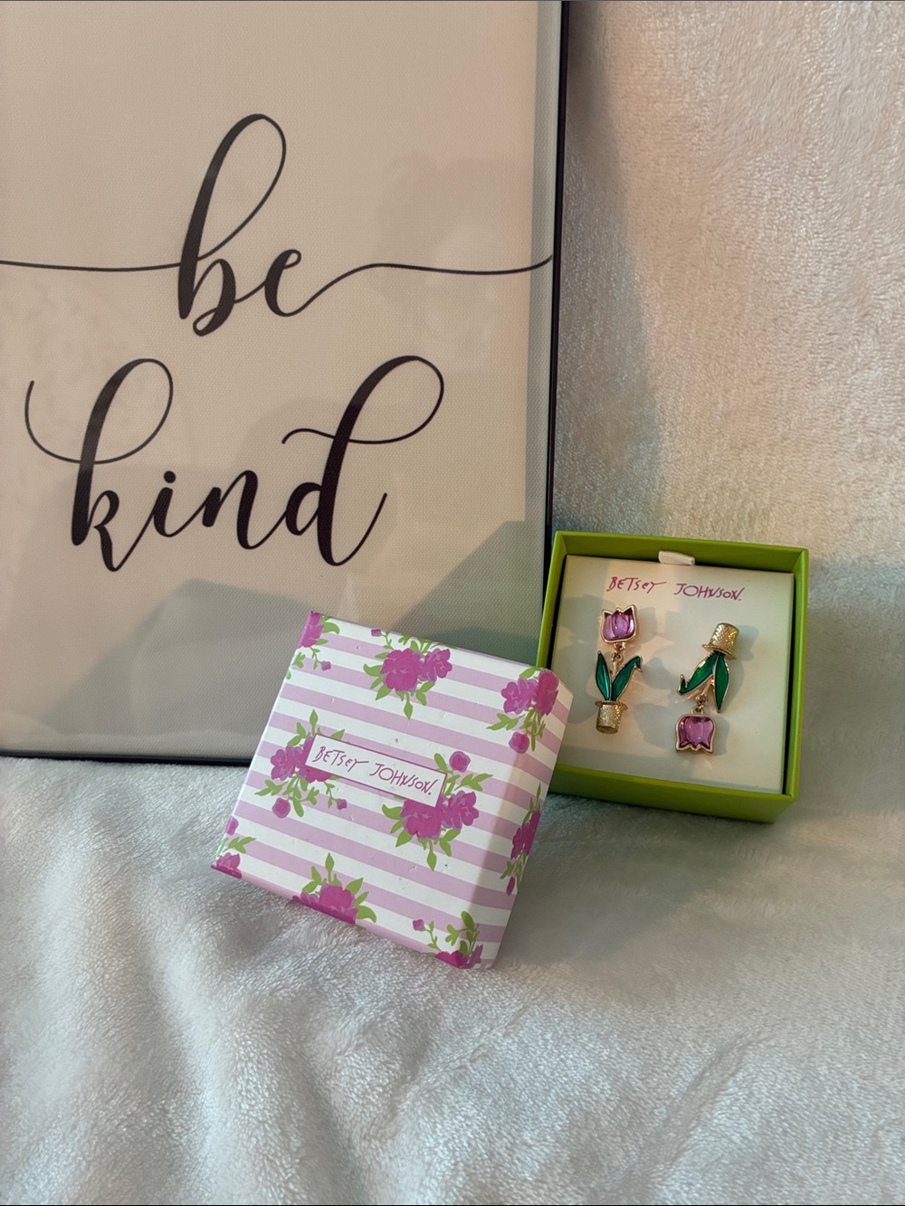 Betsey Johnson Purple Tulip Drop Earrings with Green Leaves & Gold Tone